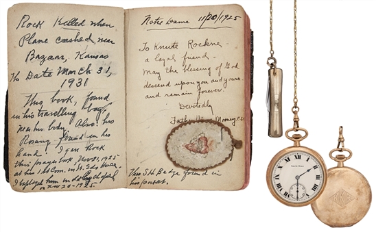 The Final Possesions Of Notre Dame Legend Knute Rockne- His Pocket Watch, Pocket Knife, and Prayer Book (Found in His Possession at Time of Death) and Funeral Items